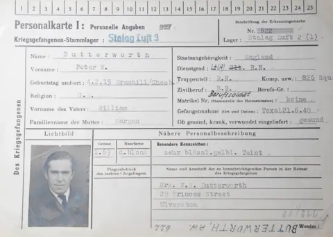 PA Media The prisoner of war record card of Peter Butterworth on display as part of the Great Escapes: Remarkable Second World War Captives exhibition at the National Archives, Kew, Richmond,