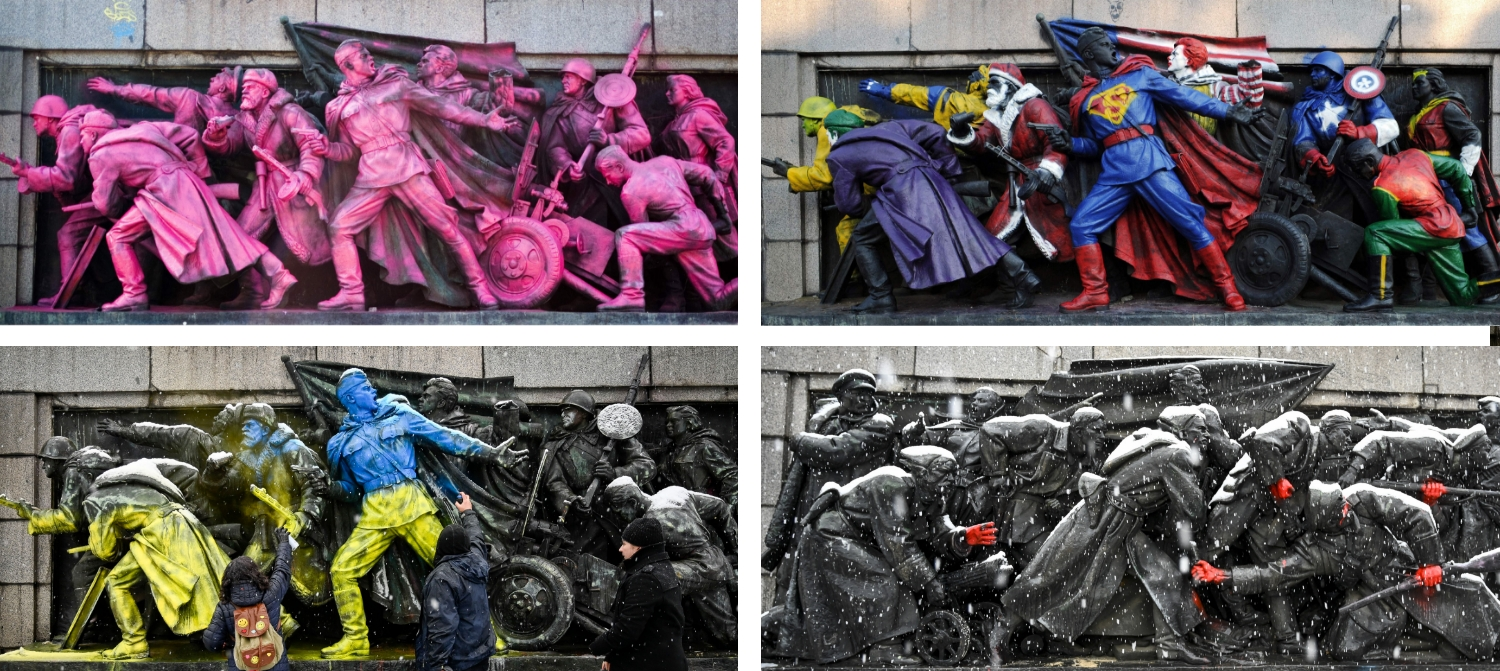 This is a four panel image of the same military monument, painted differently over the course of time. The monument shows a group of soldiers moving towards the left. A central figure wields a gun and directing the group to march into battle with his outstretched left hand. Each surrounding figure wields a different weapon. The top left version shows every soldier in the monument covered in bright pink paint. The top right shows all the soldiers painted in different costumes of fictional superheroes. The bottom left shows the central figure painted to show the blue-and-yellow design of the Ukrainian flag. The bottom right shows the monument from the other side, showing the side profiles of the soldiers previously unseen behind the central figure. The monument is free of color on that side besides each soldier having their hands painted red.