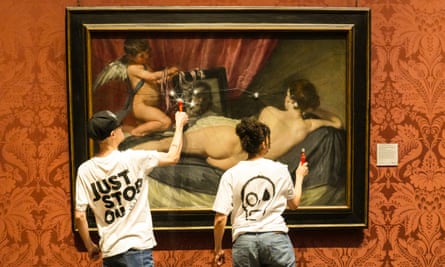 Just Stop Oil protesters smash the glass protecting the painting Rokeby Venus by Diego Velázquez, after Mary Richardson, who cut the painting with a meat cleaver in 1914.