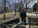 The statue of King of Kensington Al Waxman was hit with anti-Semitic graffiti this weekend and as of Sunday was still not cleaned up -- Kevin Vuong photo