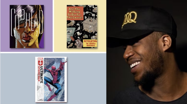 a composite of 3 comic book covers and a headshot of a mid-30s Black man smiling and wearing a black cap hat.