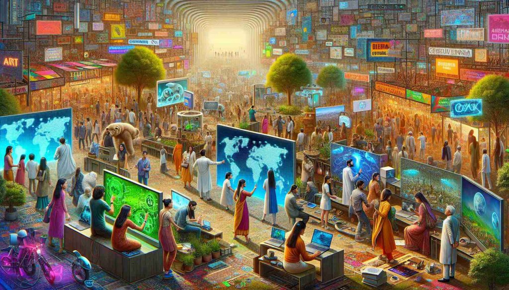 A high-definition, realistic image depicting emerging digital artists from Mumbai, contributing to the theme of environmental awareness. These artists are displayed at a fictional art fair in India, taking place in a future year beyond 2024. Showcase various people of South Asian descent, both male and female, working on digital art installations that promote the message of environmental consciousness. The setting is bustling with excited attendees, intricate digital art installations, and the vibrancy of Mumbai's art scene. Let the illustration depict the collaboration, creativity, and commitment these artists have towards leveraging art for environmental awareness.