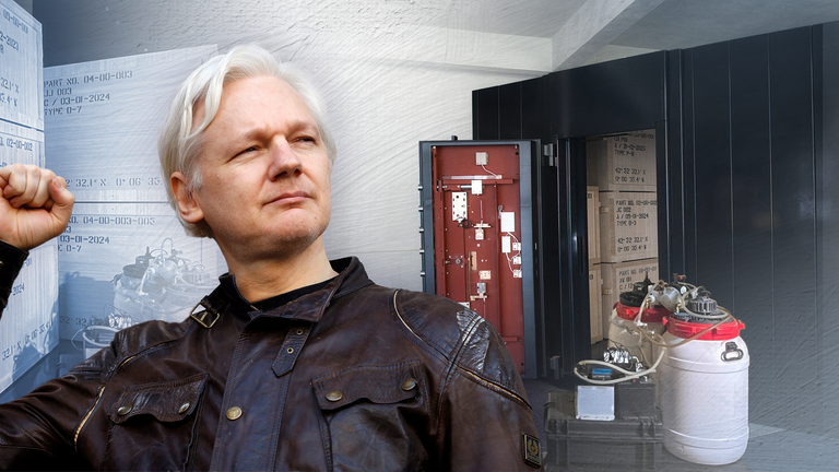Famous works of art will be destroyed by acid in a safe if Julian Assange dies in prison, artist Andrei Molodkin says. Pics: AP/The Foundry Studio
