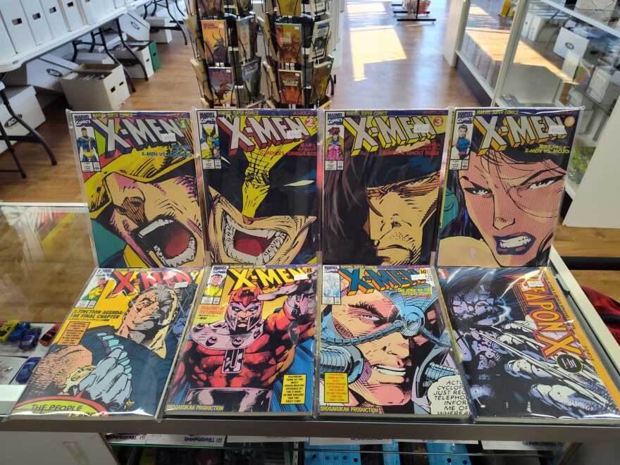 A display of X-Men comic books.