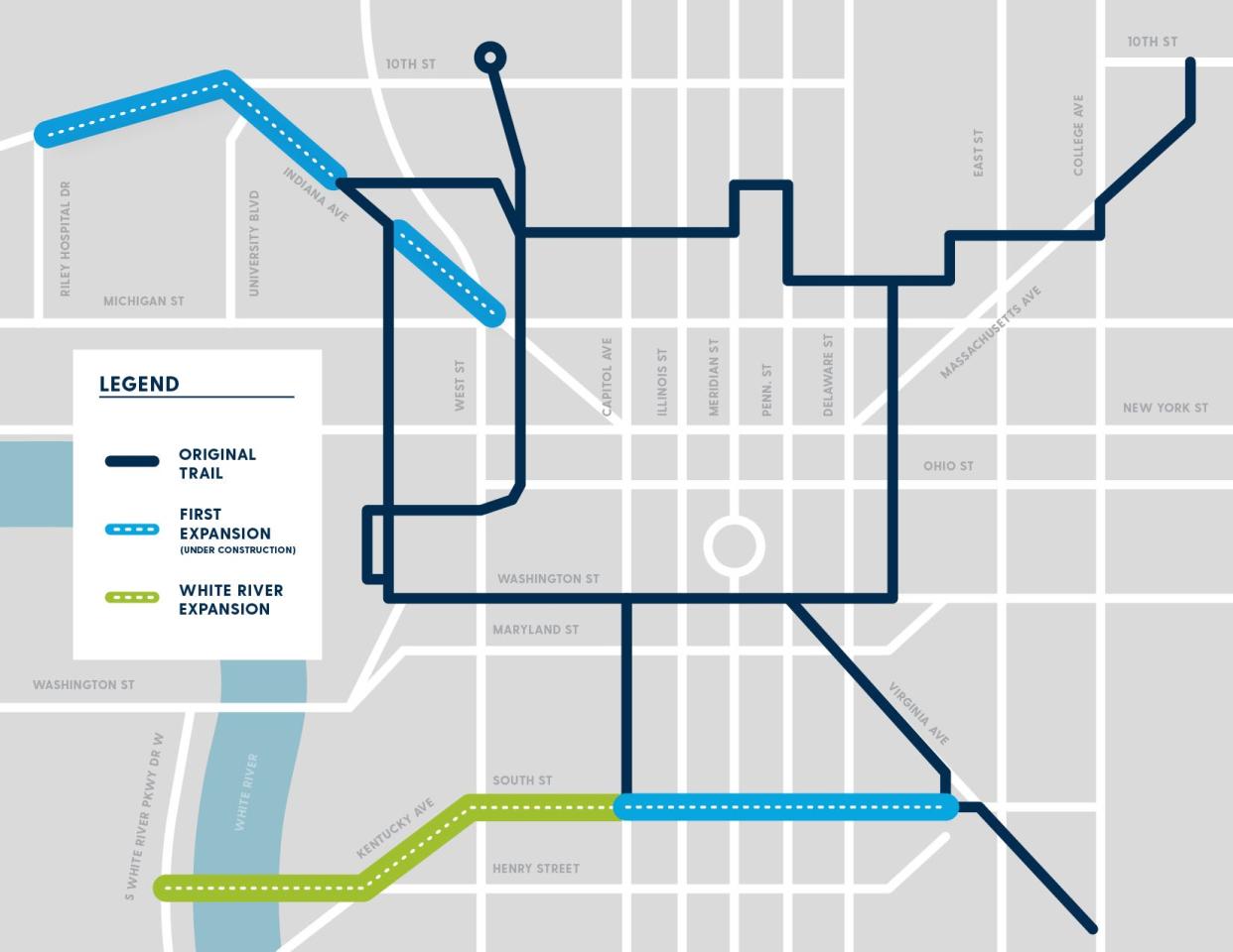 The first Indianapolis Cultural Trail extensions to open will be along Indiana Avenue, 10th Street and South Street. The extension over the White River is still in the design phase.