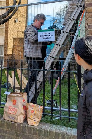 The man was pictured behind the council fence climbing a ladder at the site of the recently vandalised mural