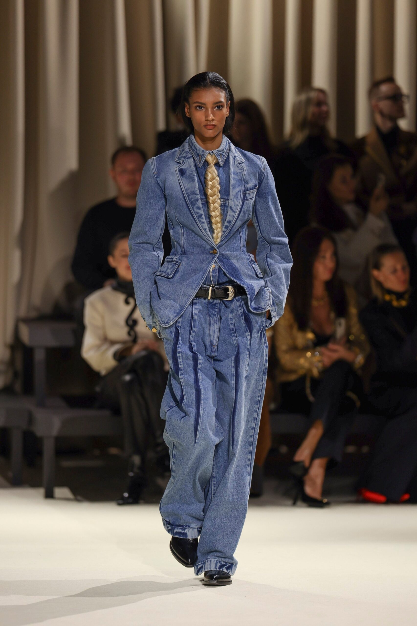 A denim outfit from Schiaparelli’s autumn/winter 2024 collection shown in Paris during fashion week. Photo: AP