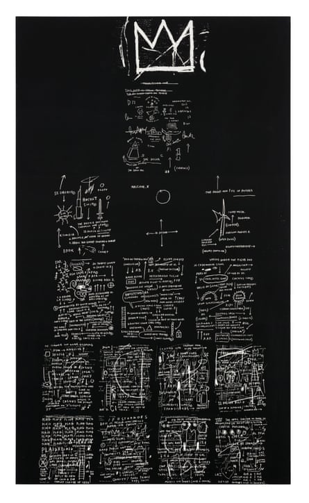black painting with white text and symbols over it, topped by a crown