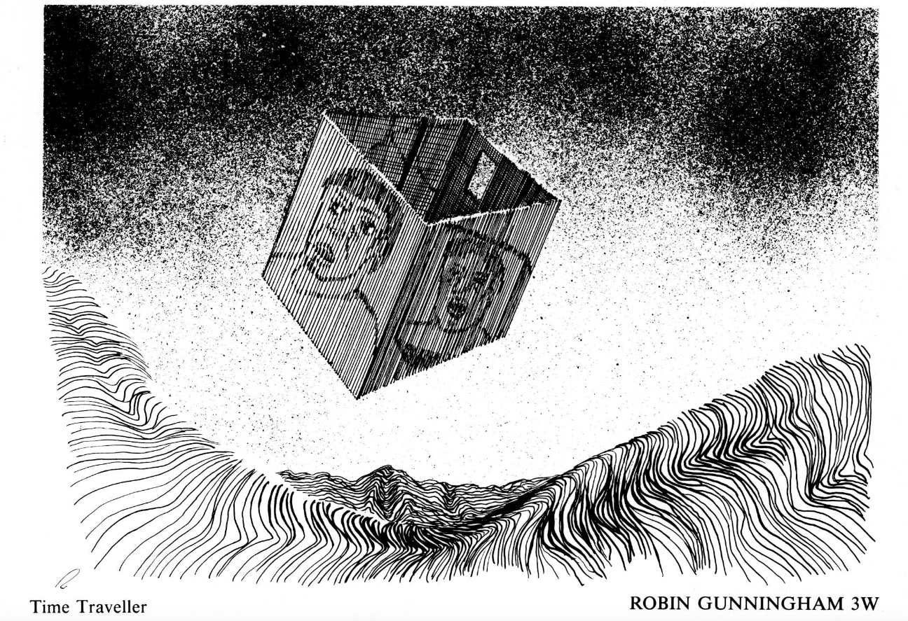 Robin drew this time traveller with a face trapped in a cube when he was 14