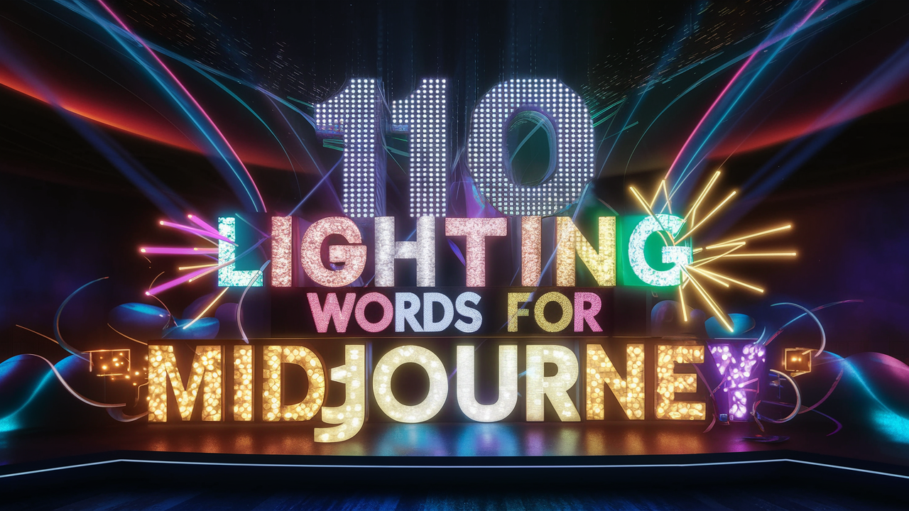 A futuristic and immersive nightclub setting, where a digital art piece comes to life with vibrant colors and dynamic lighting effects. The centerpiece of the display is the phrase “110 Lighting Words For MidJourney,” with each word illuminated differently to create a captivating visual experience. The “110” is emphasized with Quantum Dot Lighting, while the “Lighting” and “Words” are highlighted with neon and festival lights, respectively. The word “For” emits a warm, inviting light, and the wo