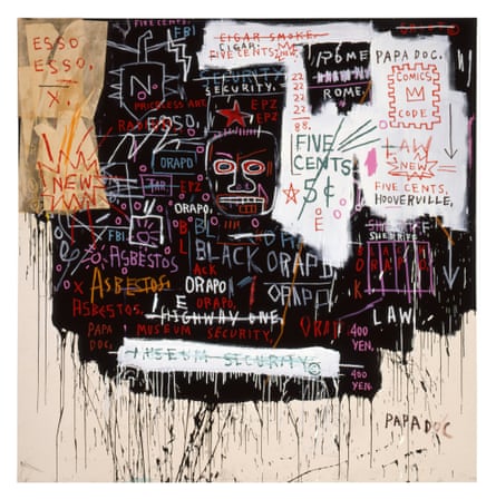 a painting with lots of text and a face on it