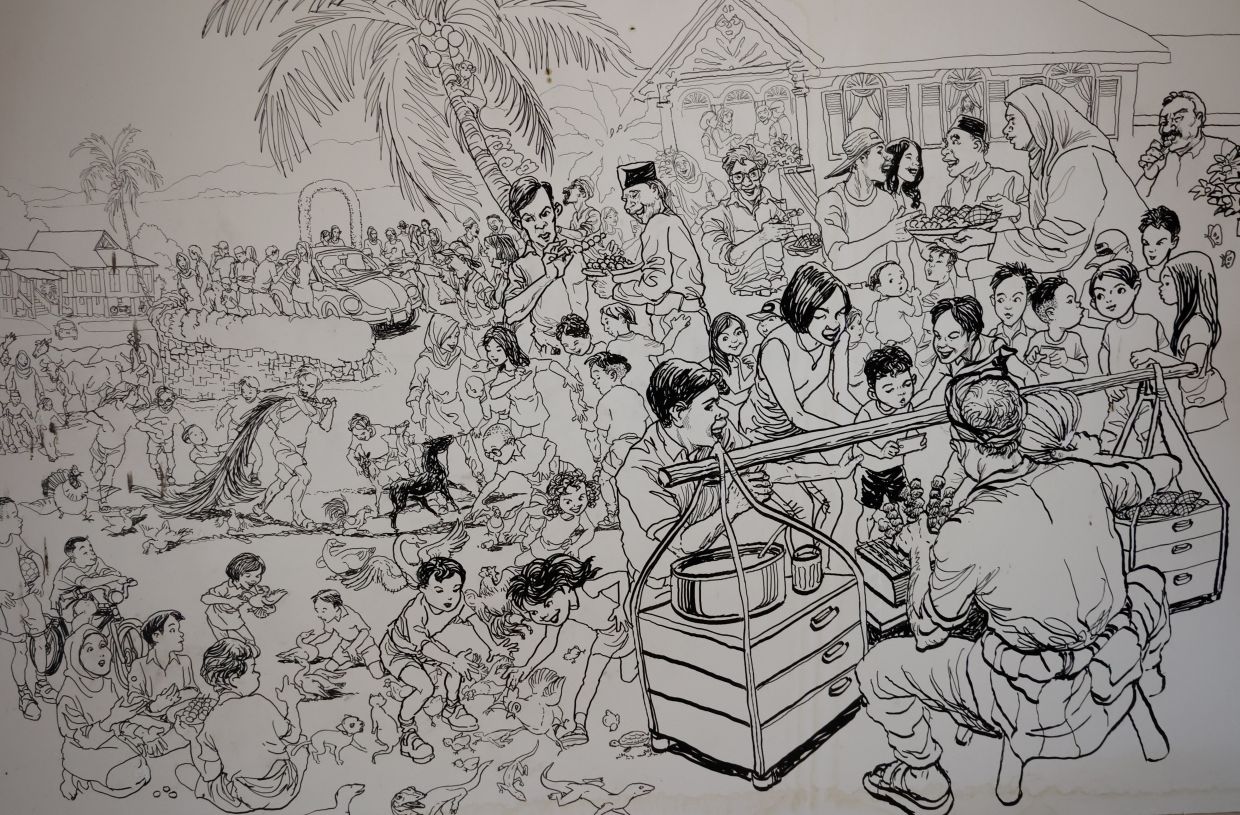 A sketch work of a Malaysian scene, with traditional food and games highlighted by Lee. Photo: The Star/Art Chen