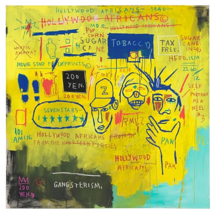 yellow painting with text and faces