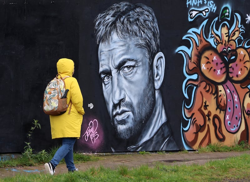 A painting of actor Gerard Butler in Bangor,  Co Down by artist jossiepop. PICTURE: MAL MCCANN