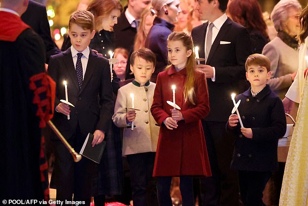 Britain's Prince George of Wales (L), Britain's Princess Beatrice of York's stepson Christopher (2L), Britain's Princess Charlotte of Wales (2R) and Britain's Prince Louis of Wales (R) attend the