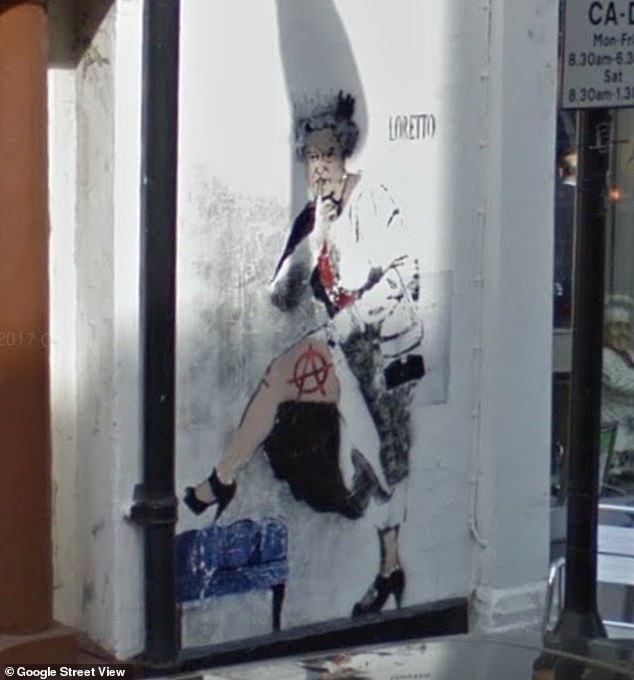One of the murals portrayed the Queen lifting up her gown to show a tattoo on her leg, while in other showed the monarch wearing a frilly dress and stockings