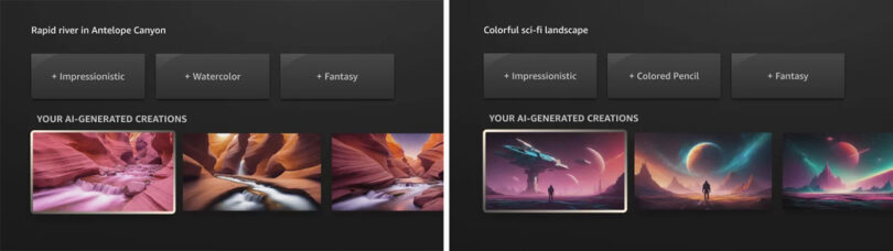 Two examples from Amazon Fire TV screen options for AI Art feature, one showing images created with prompt