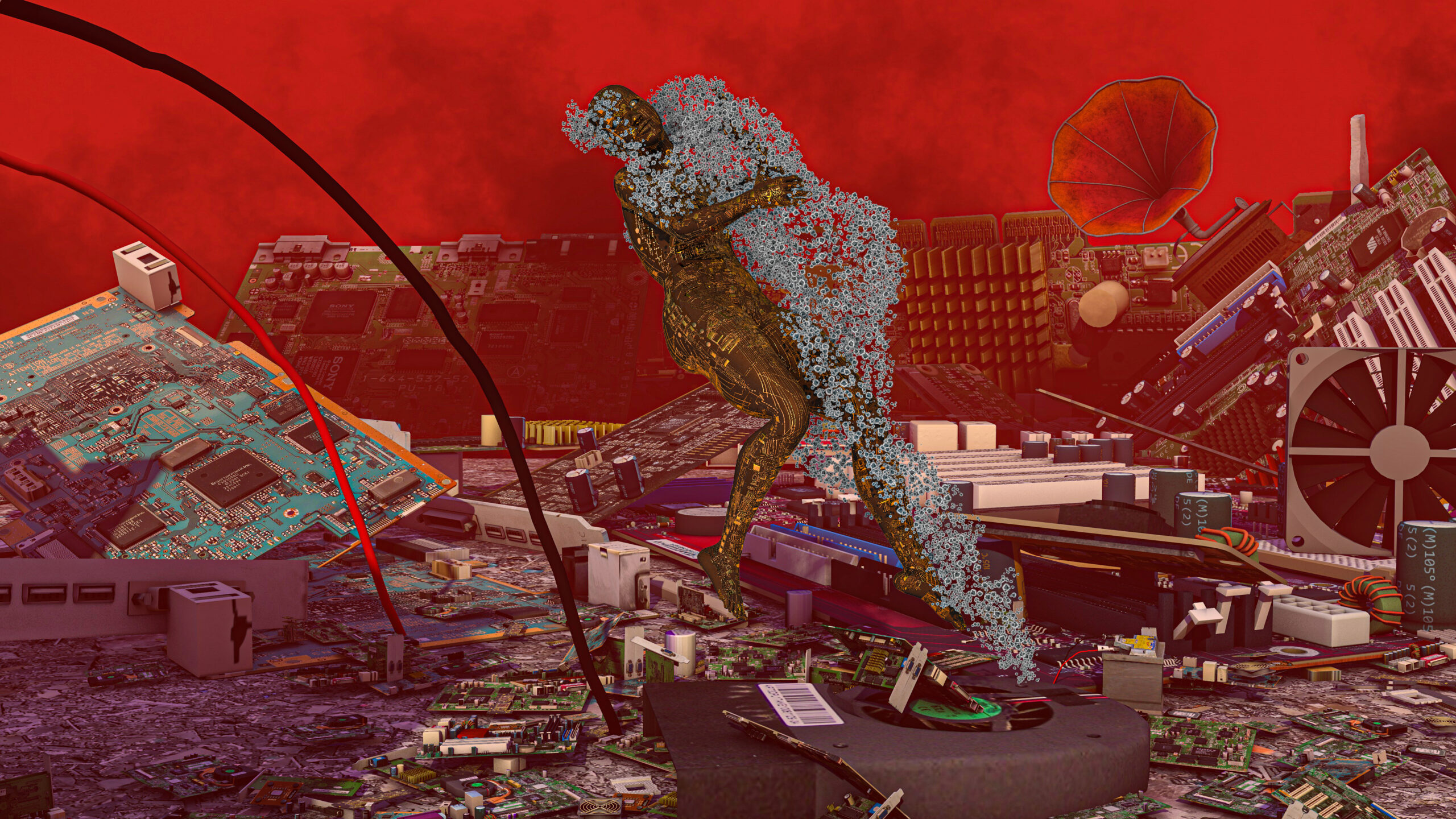 Digital figures embrace each other