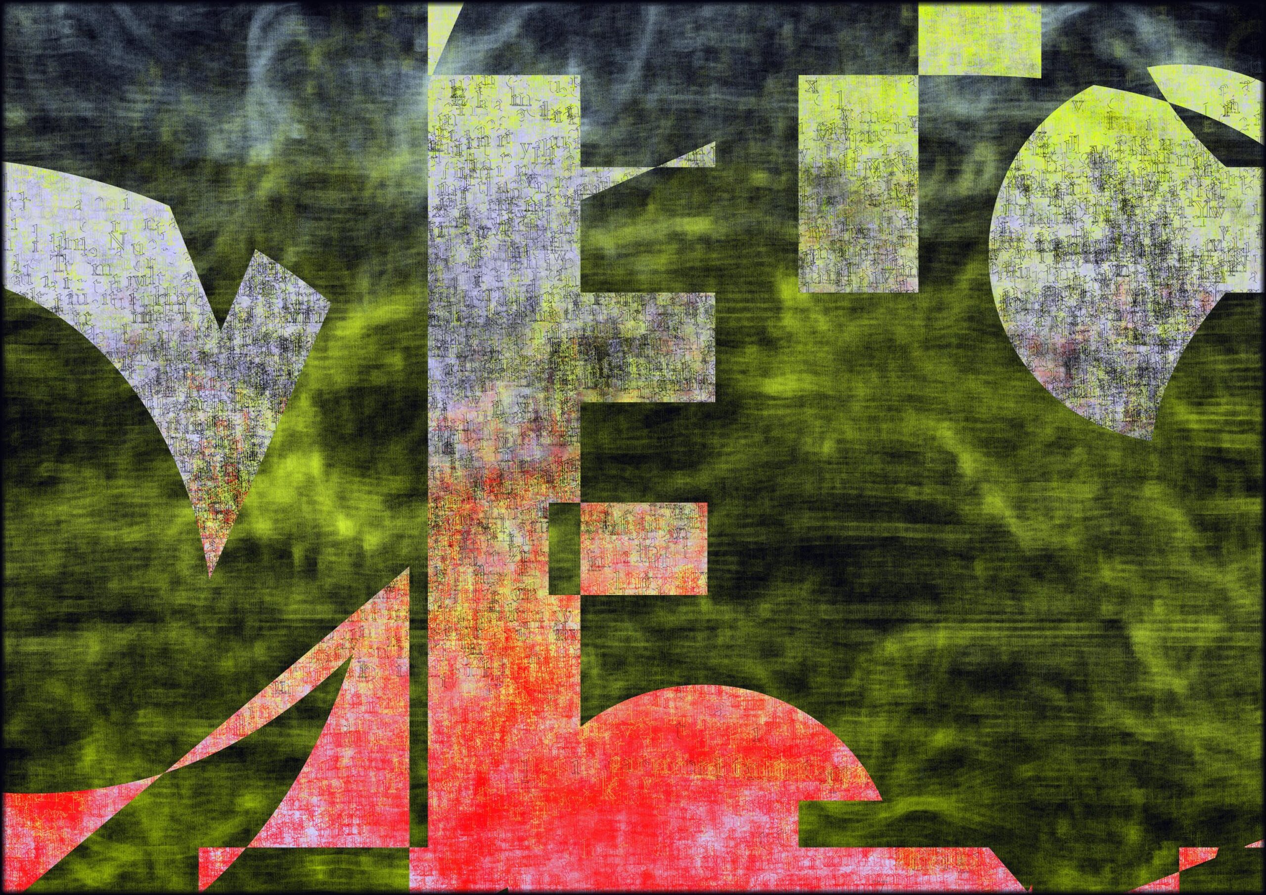 A colorful abstract artwork featuring letters