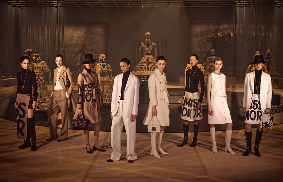 Looks from the Dior ready-to-wear AW24 collection in front of an art installation by Shakuntala Kulkarni. Photo: Laura Sciacovelli
