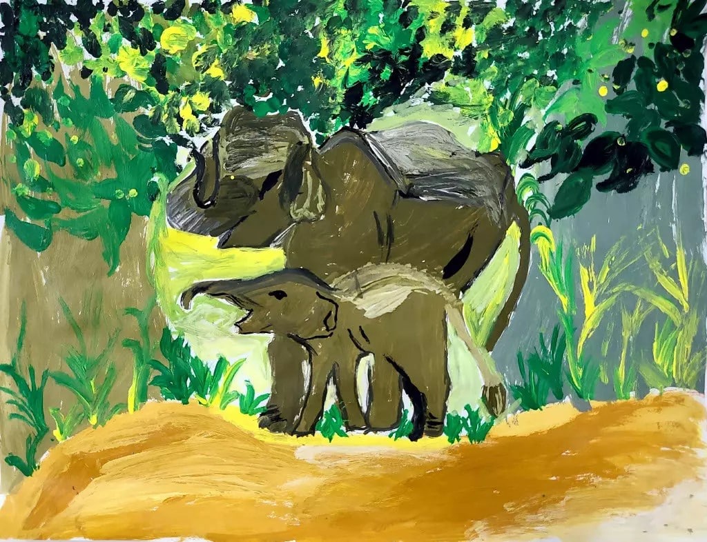 Toddler's painting of a elephant and baby elephant