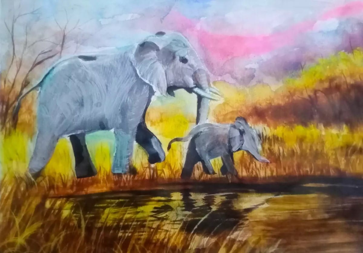 Child's painting of two elephants