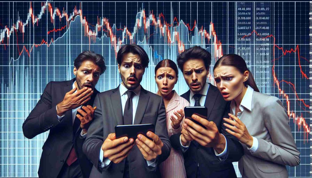A-List Celebrities Suffer Financial Hit from NFT Market Downturn Generate a realistic, high-definition image of a group of non-specific highly successful actors, of mixed genders and varied descents, standing in front of a downward trending stock market graph. They are displaying expressions of concern and disbelief as they peek at their digital devices that are showing the severe financial hit from the downturn of the non-fungible token market.