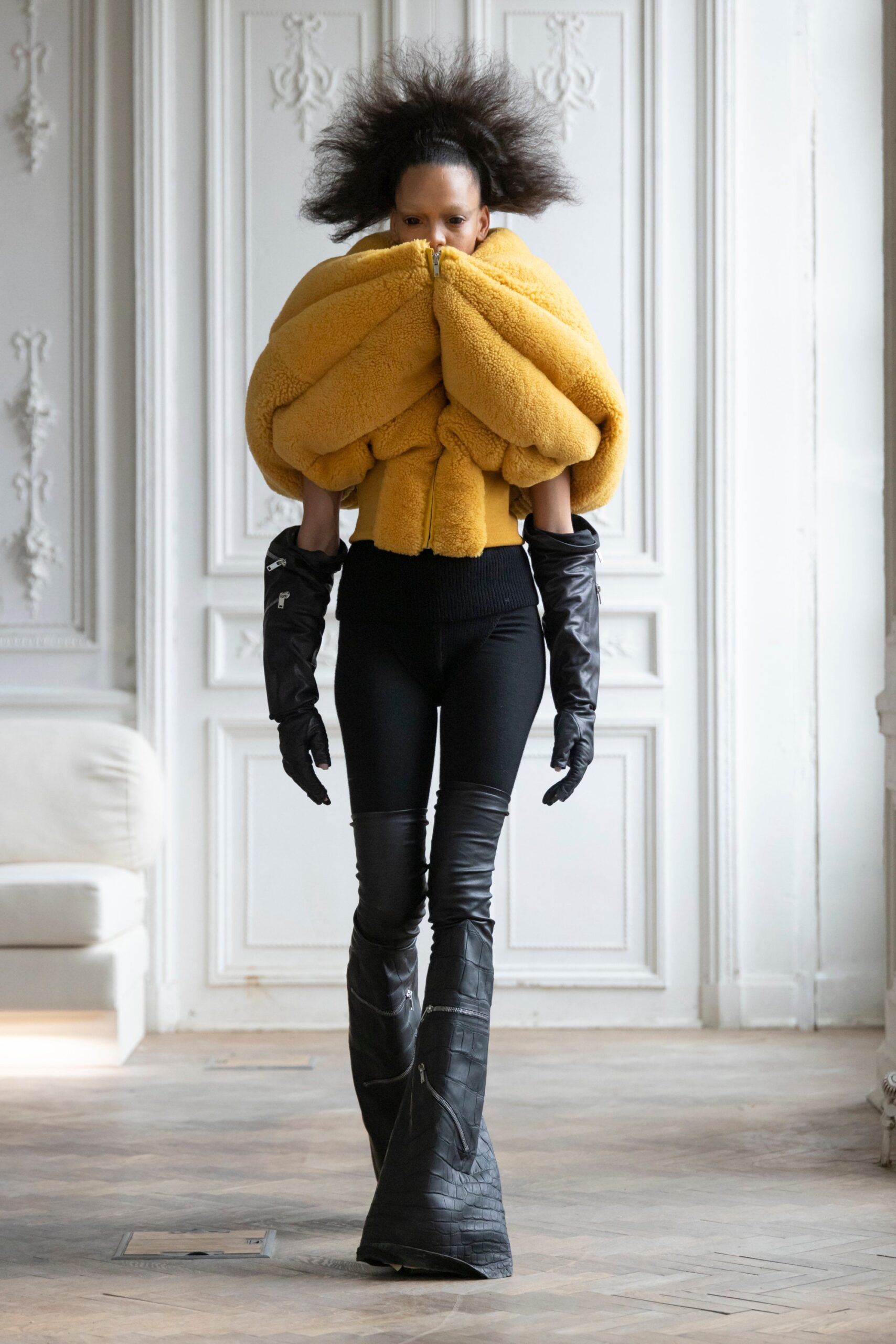 A striking look paired with boots at Rick Owens’ autumn/winter 2024 show. Photo: Rick Owens
