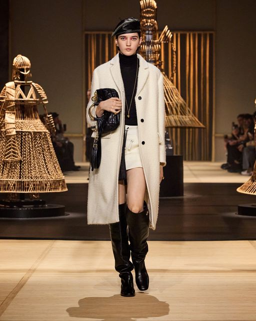 Winter white look with studded leather beret from the Dior AW24 ready-to-wear collection.