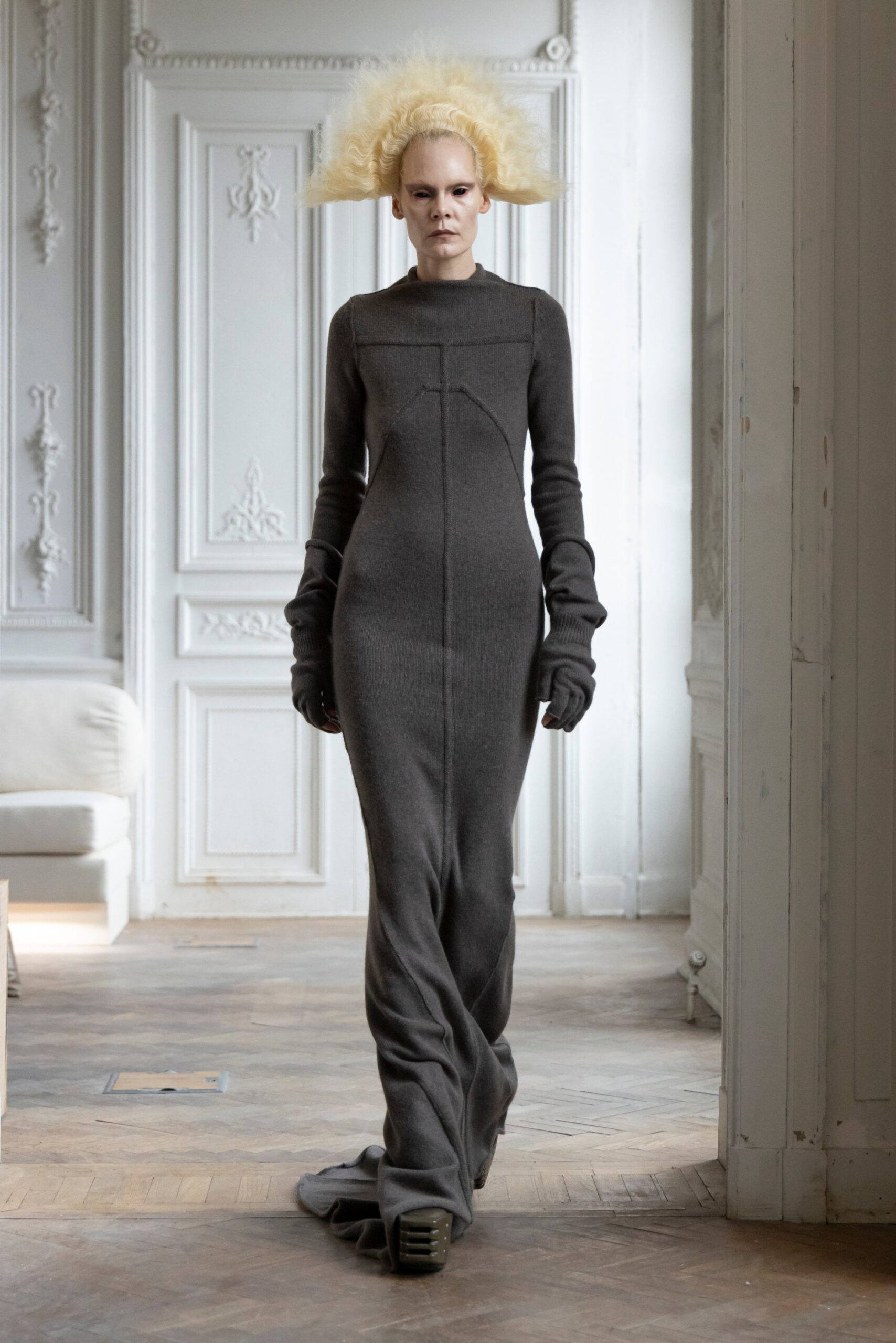 A maxi dress with platforms at Rick Owens’ autumn/winter 2024 show. Photo: Rick Owens