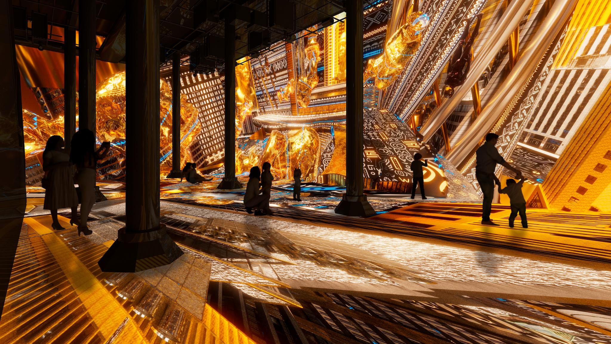 People walk through a digital art show.