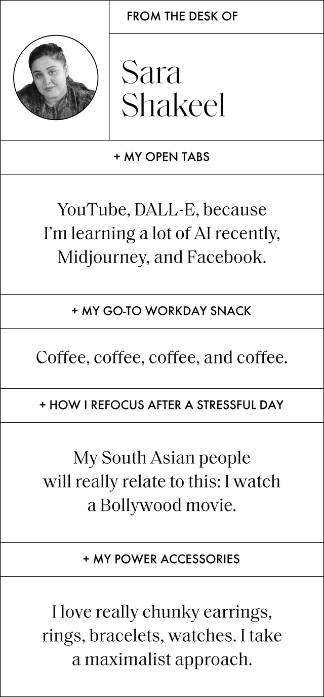 a q and a with sara that reads my open tabs youtube, dall e, because i'm learning a lot of ai recently, midjourney, and facebook my go to workday snack coffee, coffee, coffee, and coffee how i refocus after a stressful day my south asian people will really relate to this i watch a bollywood movie my power accessories i love really chunky earrings, rings, bracelets, watches i take a maximalist approach