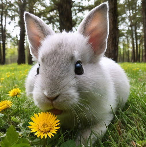 A grey rabbit on a grassy field next to a dandelion generated with ArtSmart.
