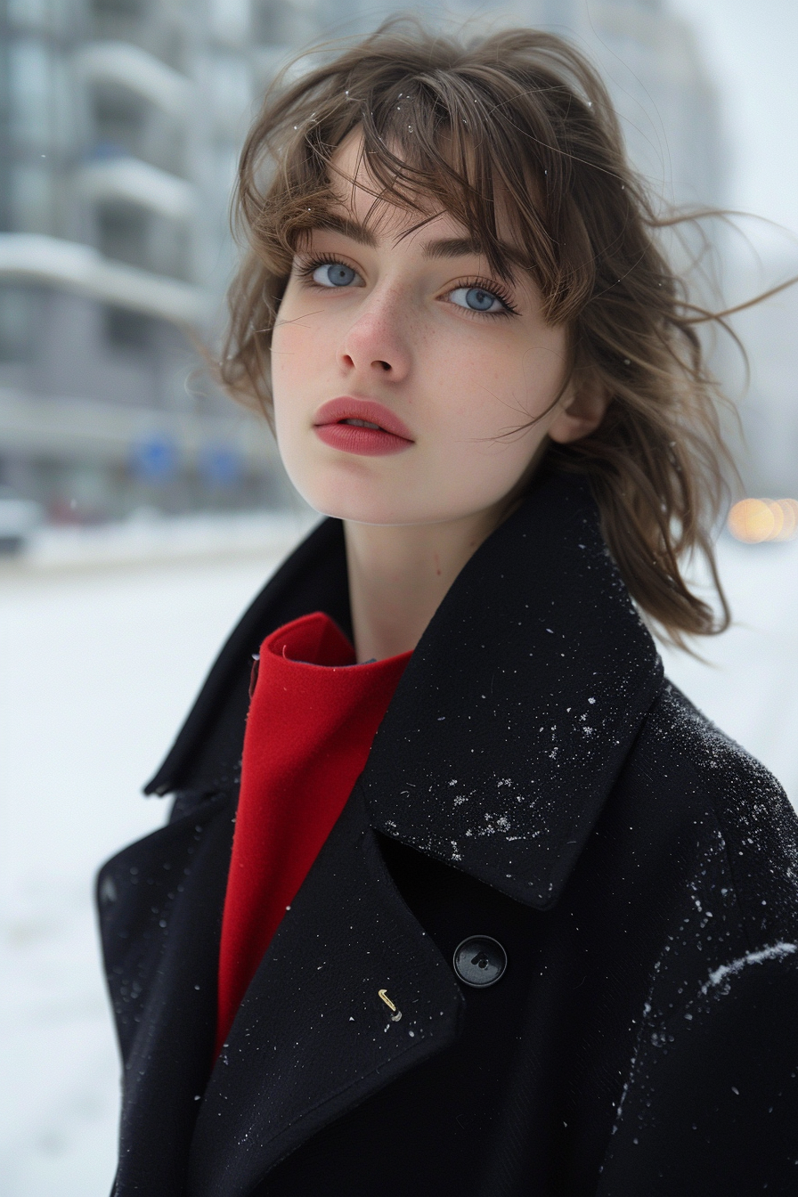 stylish girl in black colored clothes with a red accents shirt, winter photo, fashion image, created with Midjourney AI generated image.