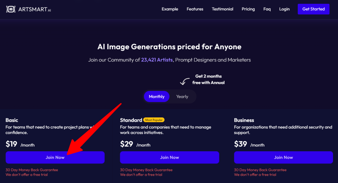 Selecting the Basic plan from the ArtSmart pricing table.