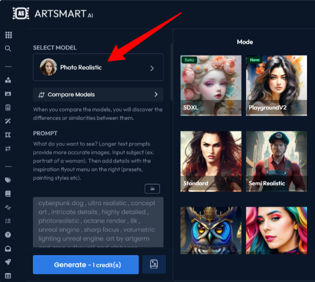 Selecting an AI model on ArtSmart.