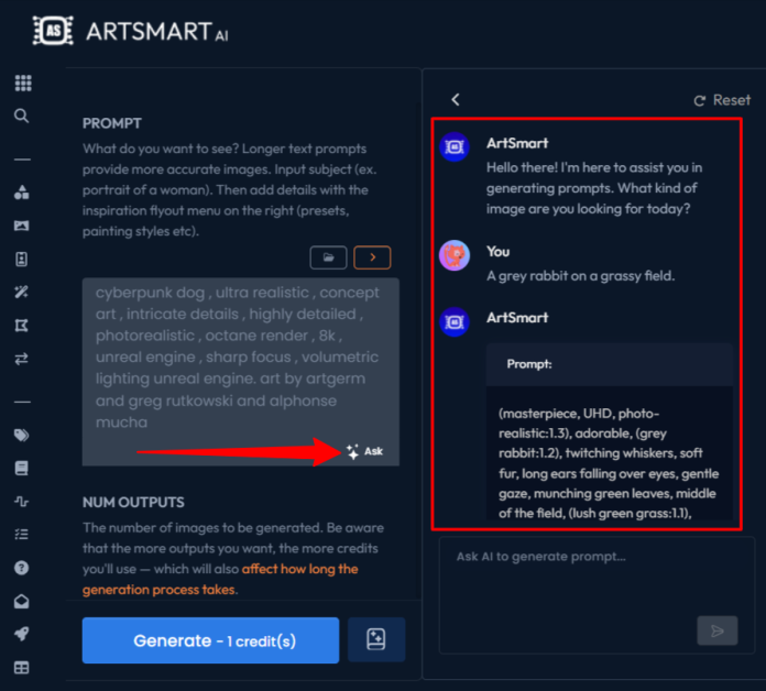 Getting the AI chatbot to generate a descriptive text prompt for AI image generation.