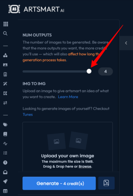 Selecting the number of images for the AI image generation.
