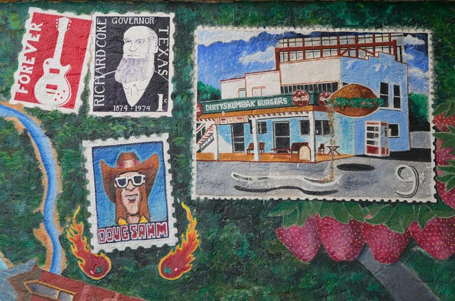 Detail of the “Austintatious” mural by Kerry Awn, Tom Bauman and Rick Turner which they originally painted as University of Texas art students in 1973, on the north wall of the University Co-Op Monday April 1, 2024.