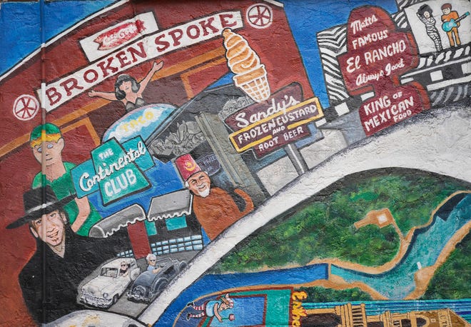 Detail of the “Austintatious” mural by Kerry Awn, Tom Bauman and Rick Turner which they originally painted as University of Texas art students in 1973, on the north wall of the University Co-Op Monday April 1, 2024.