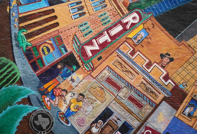 Detail of the “Austintatious” mural by Kerry Awn, Tom Bauman and Rick Turner which they originally painted as University of Texas art students in 1973, on the north wall of the University Co-Op Monday April 1, 2024.