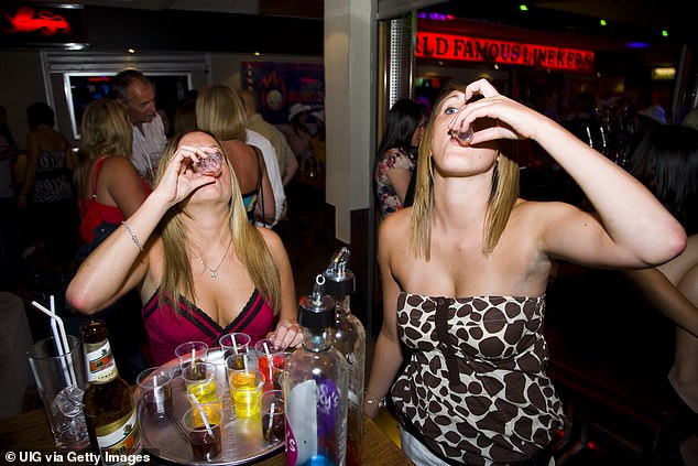 A group of girls drinking at Lineker's Bar, Playa de las Américas in Tenerife, Canary Islands