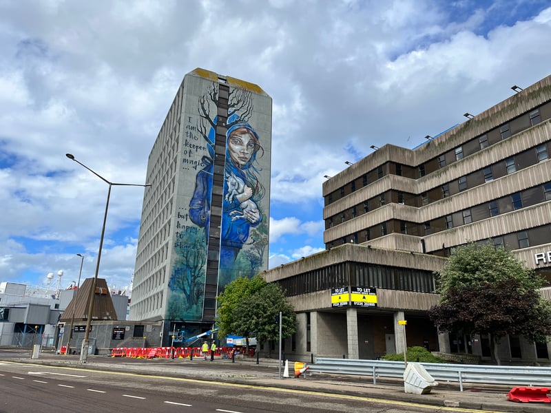 One half of the duo responsible for one of Nuart's most famous murals which lived on the side of the now demolished Aberdeen Market, Hera returned to the street art festival for 2024 with her giant mural on the side of the Union Point building. Welcoming those coming into Aberdeen from the harbour, the work pays tribute to the magic of imagination and Scotland's national animal the unicorn.
